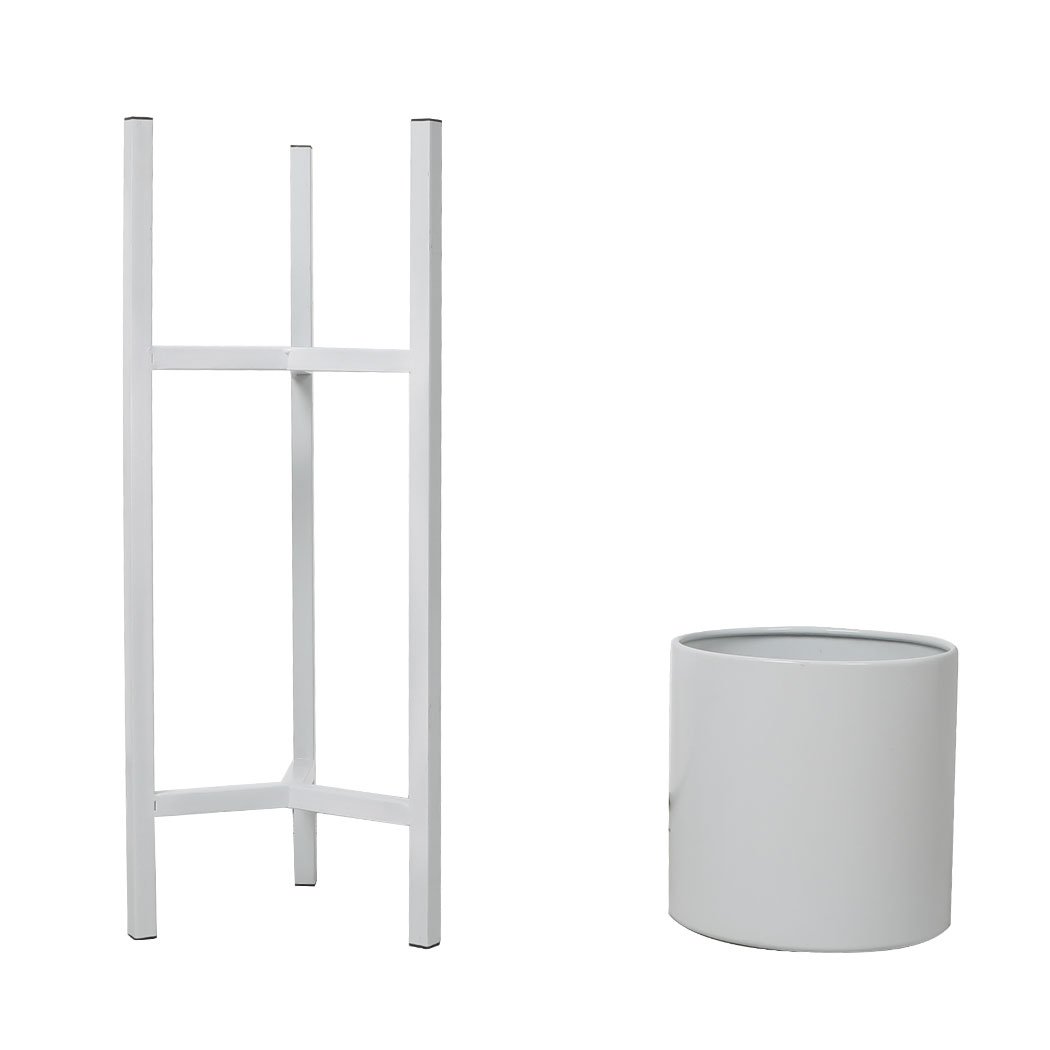 Stylish metal plant stand with a white finish, showcasing a beautiful flower pot, designed for indoor and outdoor use.
