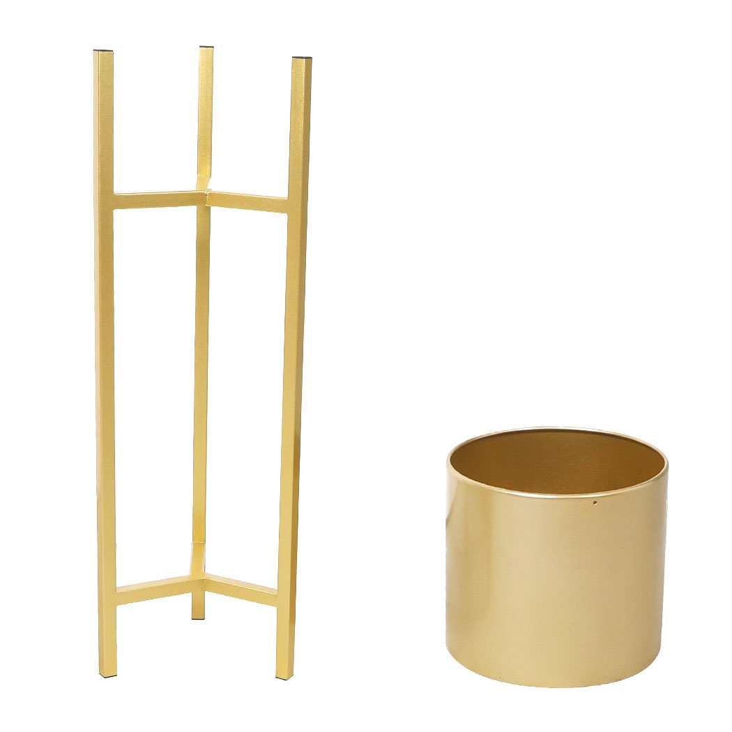 Elegant gold metal plant stand with a triangular base, showcasing a beautiful flower pot, perfect for indoor and outdoor use.