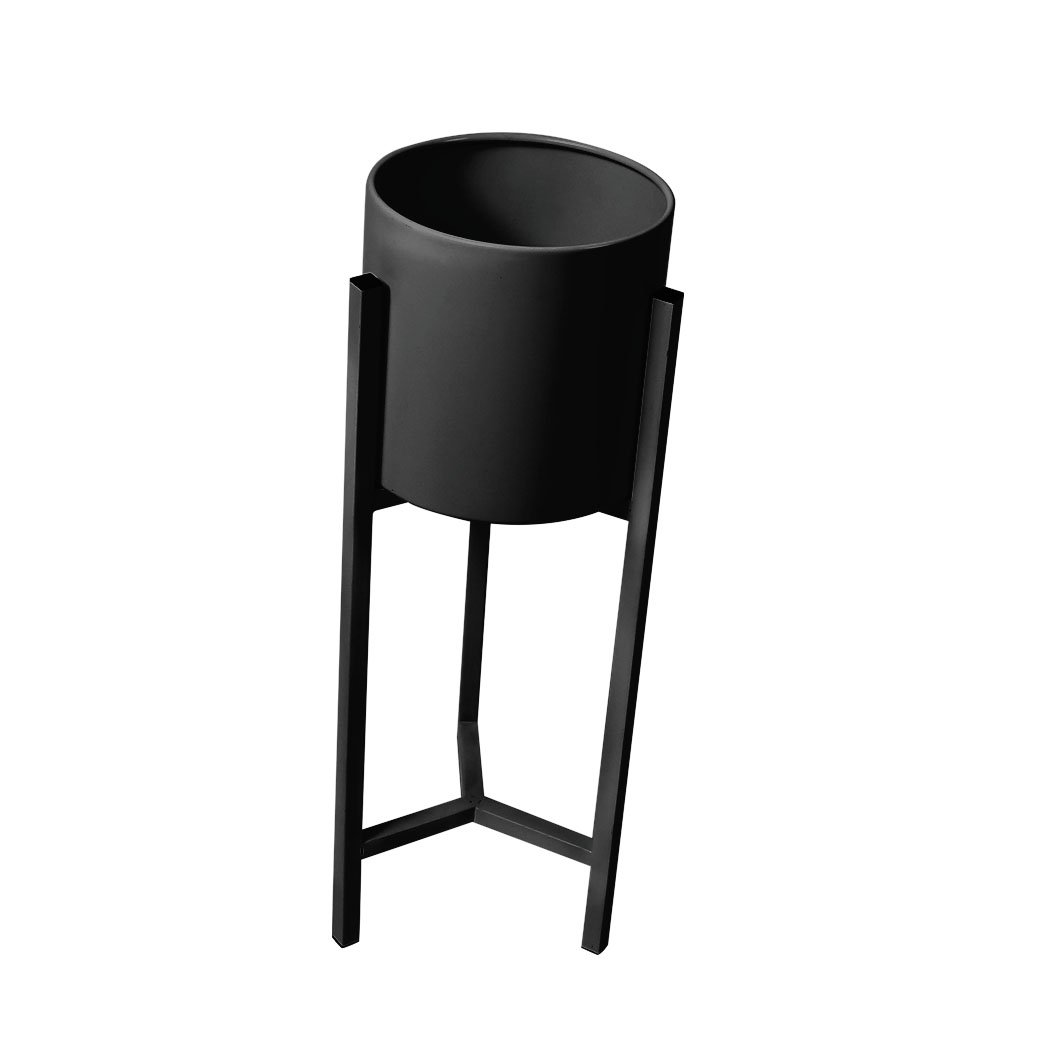 Stylish metal plant stand with a black finish, showcasing a beautiful flower pot, perfect for indoor and outdoor use.