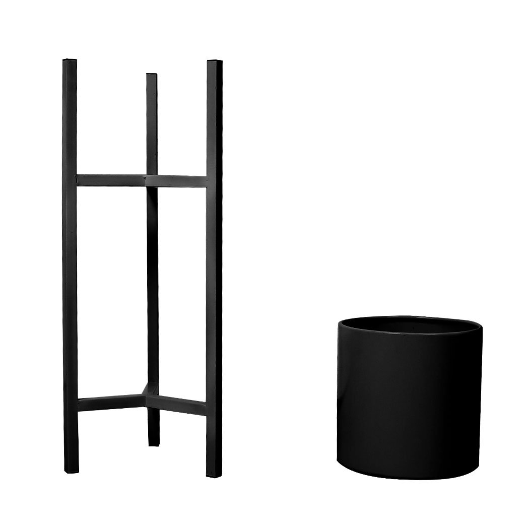 Stylish metal plant stand with a black finish, showcasing a beautiful flower pot, perfect for indoor and outdoor use.