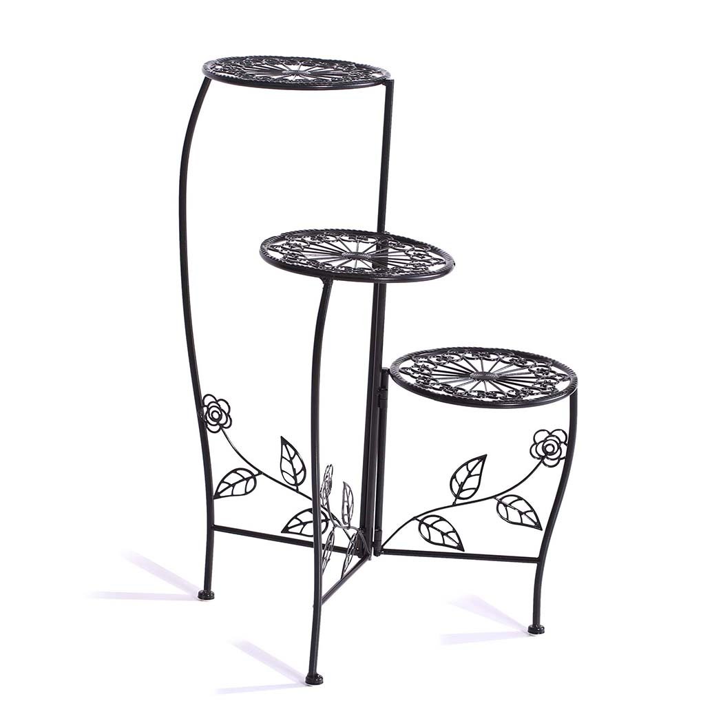 A stylish black metal plant stand with multiple tiers, showcasing various flower pots and greenery, suitable for indoor and outdoor use.