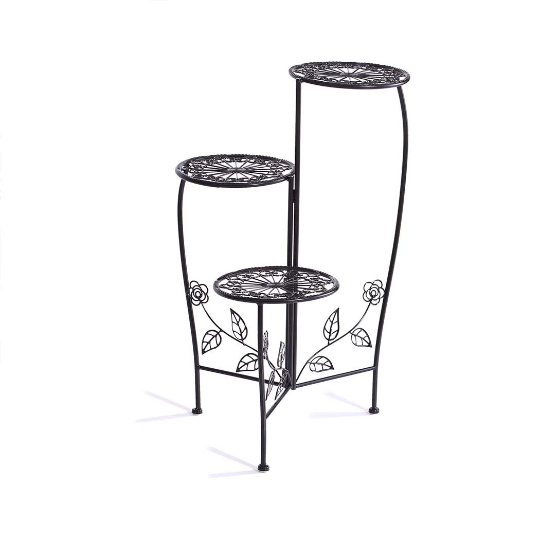 A stylish black metal plant stand with multiple tiers, showcasing various flower pots and greenery, suitable for indoor and outdoor use.