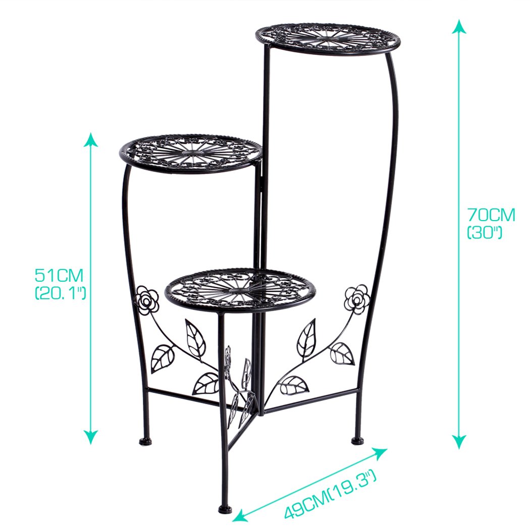 A stylish black metal plant stand with multiple tiers, showcasing various flower pots and greenery, suitable for indoor and outdoor use.