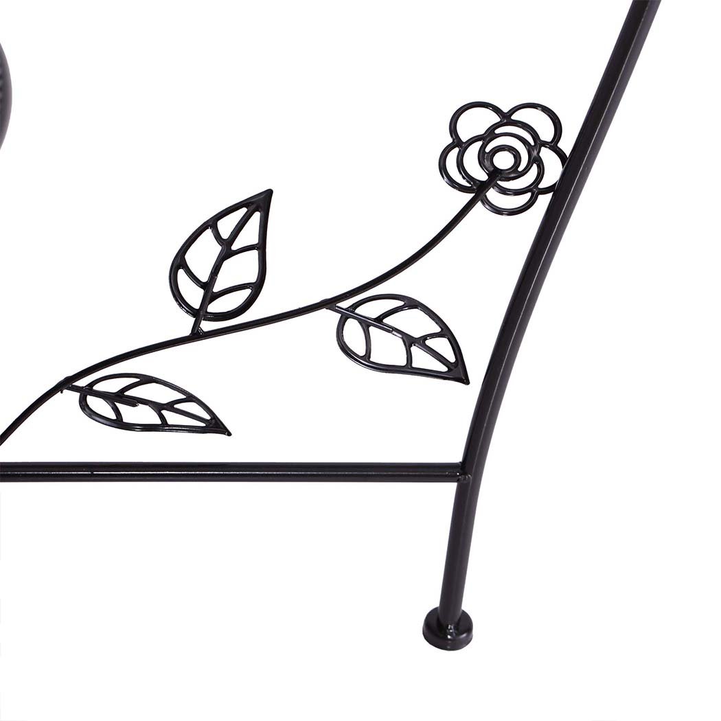 A stylish black metal plant stand with multiple tiers, showcasing various flower pots and greenery, suitable for indoor and outdoor use.