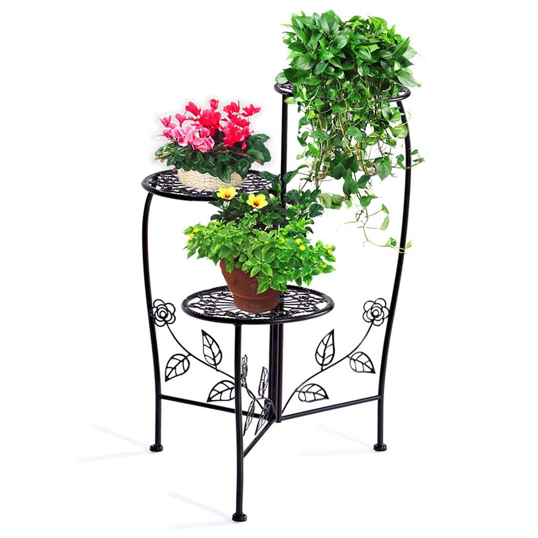 A stylish black metal plant stand with multiple tiers, showcasing various flower pots and greenery, suitable for indoor and outdoor use.