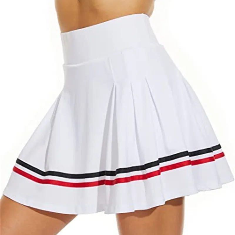 Plated Stripes Women Sports Pants Skirt in high waist design, made of breathable nylon, ideal for running and tennis.