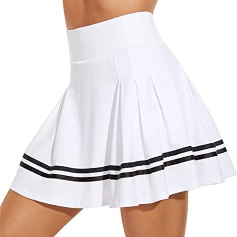 Plated Stripes Women Sports Pants Skirt in high waist design, made of breathable nylon, ideal for running and tennis.