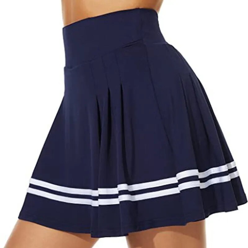 Plated Stripes Women Sports Pants Skirt in high waist design, made of breathable nylon, ideal for running and tennis.