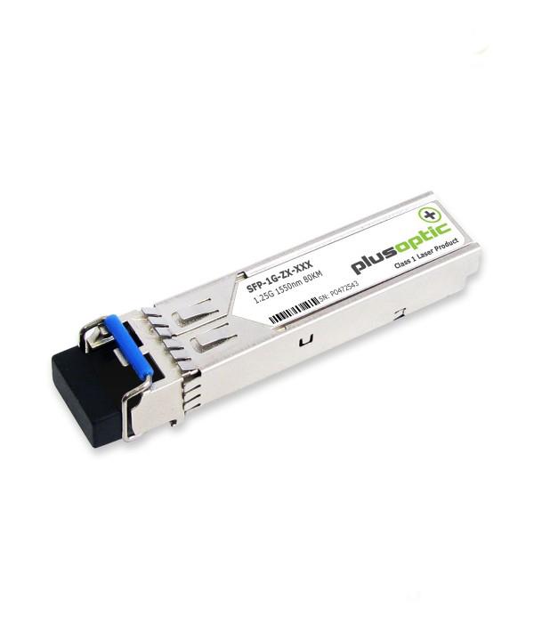 PlusOptic Fibre Optic Transceiver, 1.25G SFP, 80km with LC connector for single-mode fibre, showcasing its compact design and high-quality build.