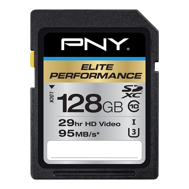PNY SD Elite-X 128GB memory card showcasing its sleek design and storage capacity.