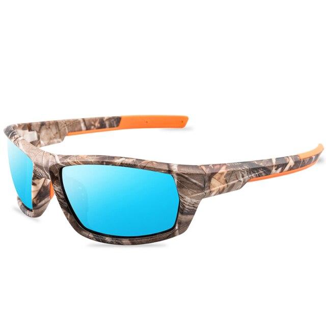 A pair of stylish polarized sunglasses with a multi-colored frame, designed for cycling and outdoor activities, featuring UV400 protection.