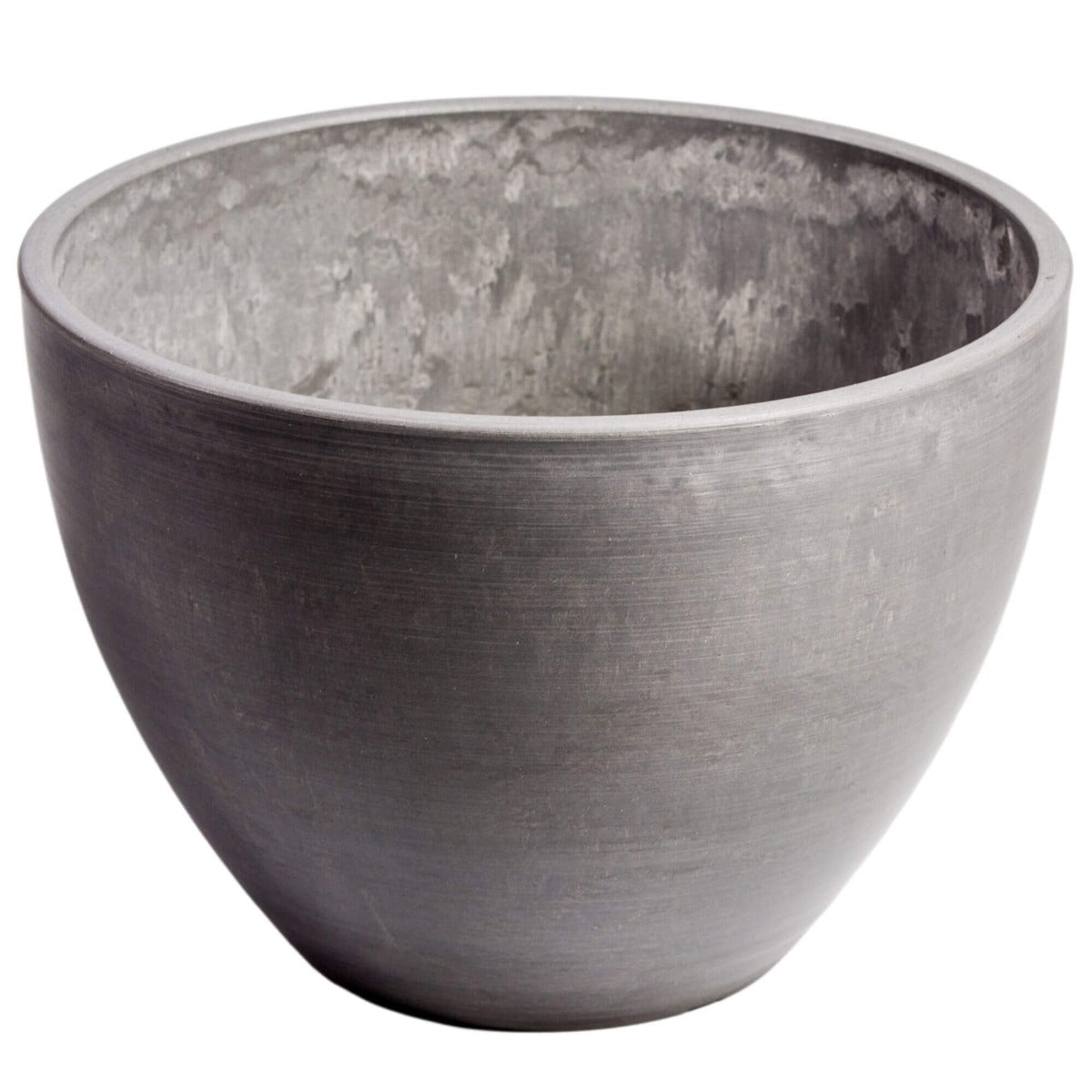 Polished Grey Planter Bowl 30cm made from recycled materials, featuring a vintage grey finish, ideal for stylish gardening.
