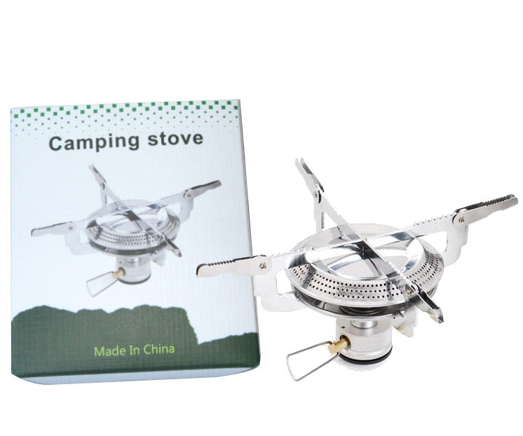 Portable folding outdoor stove made of aluminum alloy, designed for camping and hiking, featuring a compact and lightweight structure.
