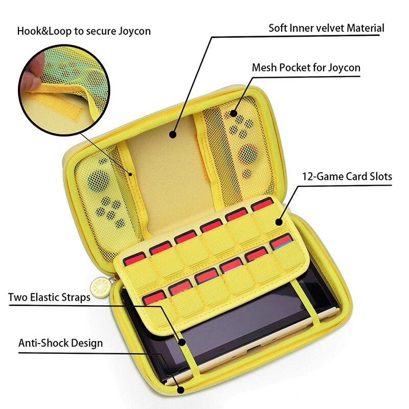 Portable case bag for Nintendo Switch featuring a lemon design, made from durable EVA hard cover shell with a soft velvet interior.