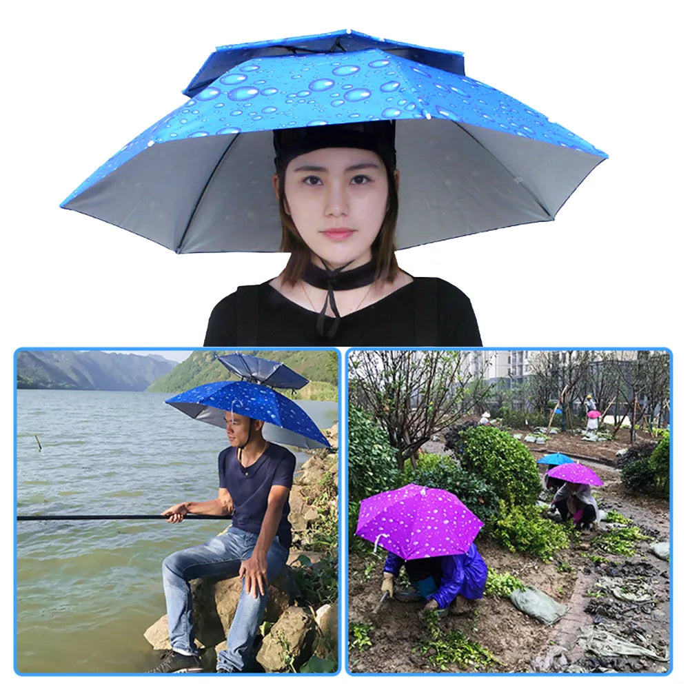 Portable Army Green Rain Umbrella Hat, ideal for outdoor activities, providing sun and rain protection with a foldable design.