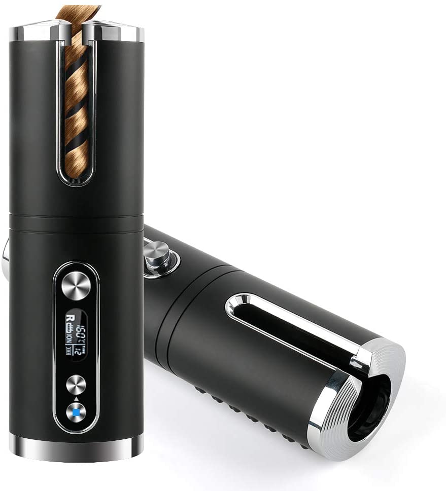 Portable Wireless Automatic Hair Curler in black with LED display, designed for travel and easy styling.