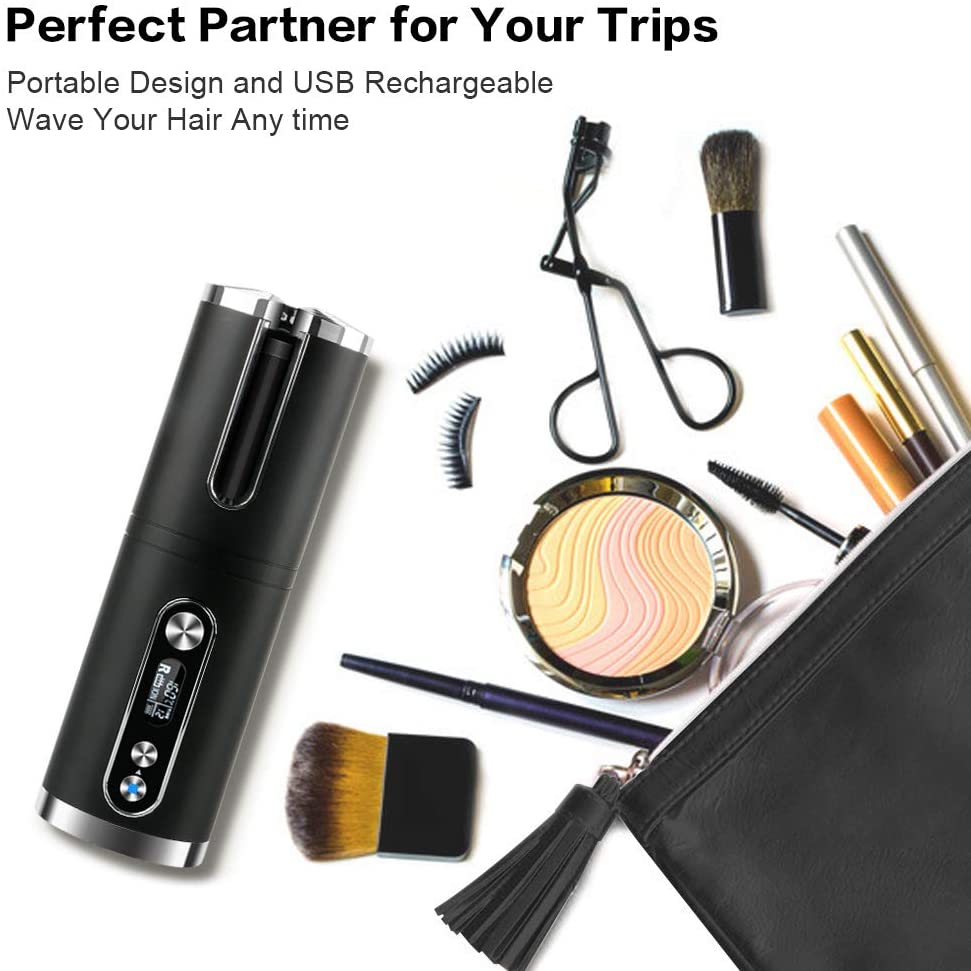 Portable Wireless Automatic Hair Curler in black with LED display, designed for travel and easy styling.