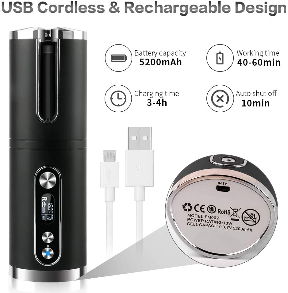 Portable Wireless Automatic Hair Curler in black with LED display, designed for travel and easy styling.