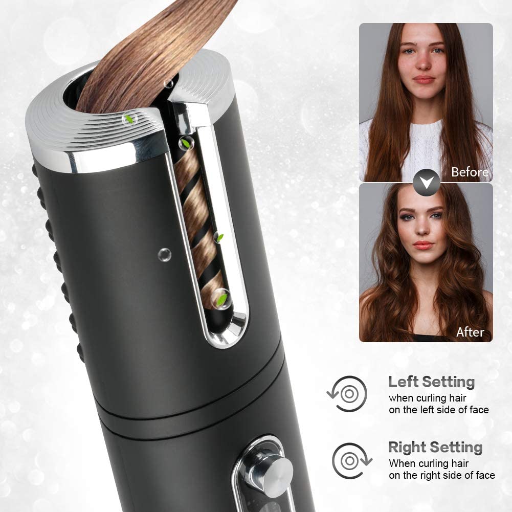 Portable Wireless Automatic Hair Curler in black with LED display, designed for travel and easy styling.