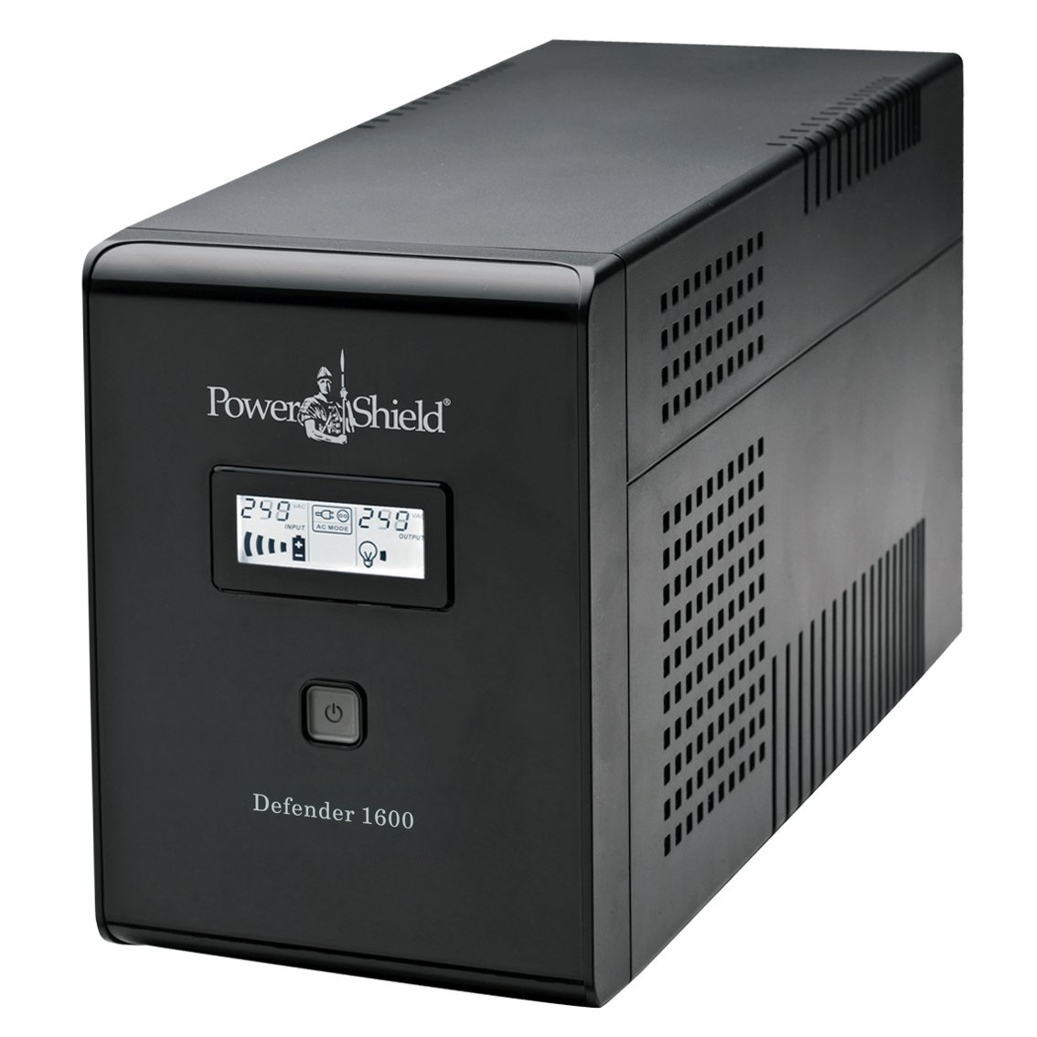 PowerShield Defender 1600VA Line Interactive UPS with LCD display and Australian sockets, designed for surge protection and voltage regulation.