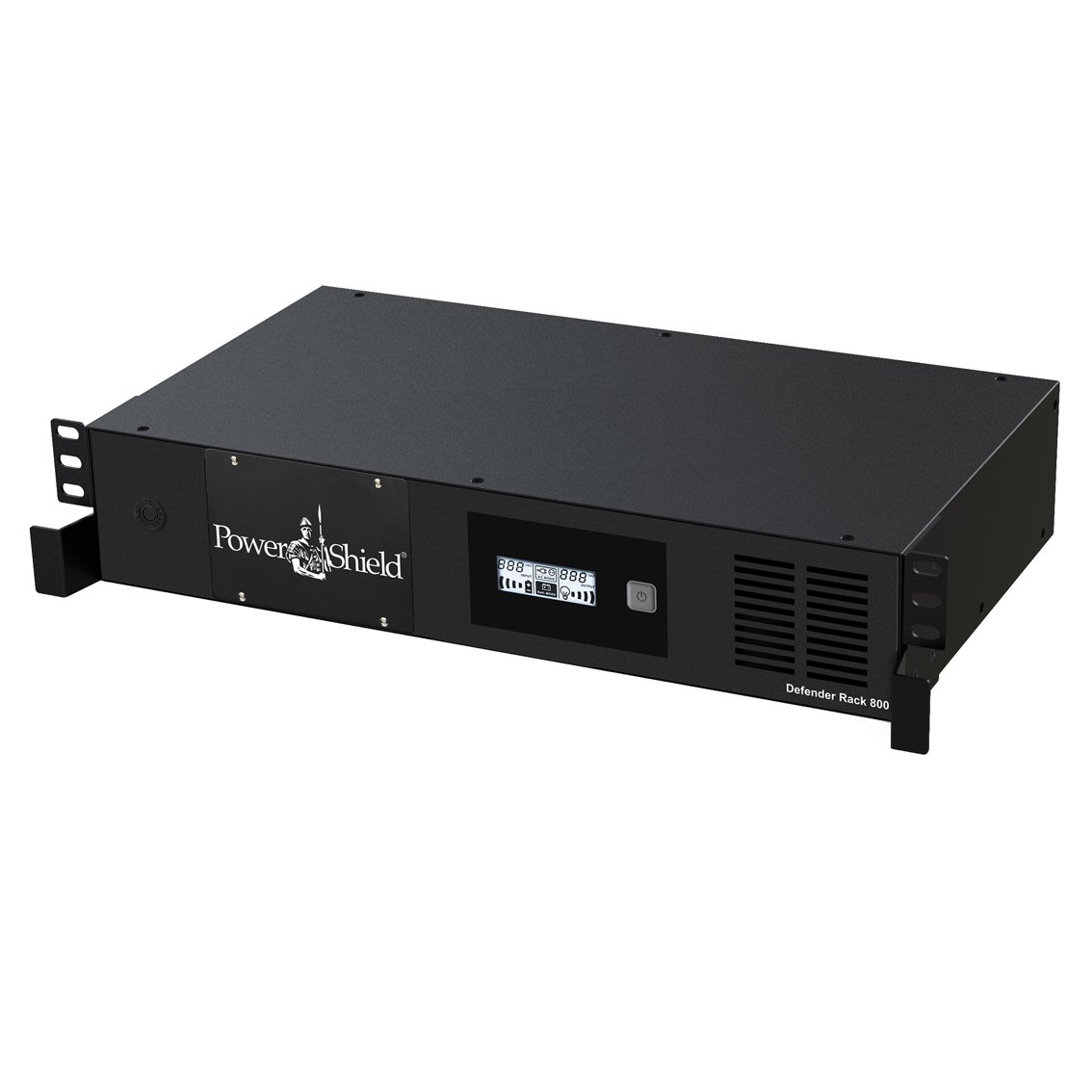 POWERSHIELD Defender Rackmount 800VA UPS with a compact design, suitable for wall-mounted cabinets, featuring user-replaceable batteries and silent operation.