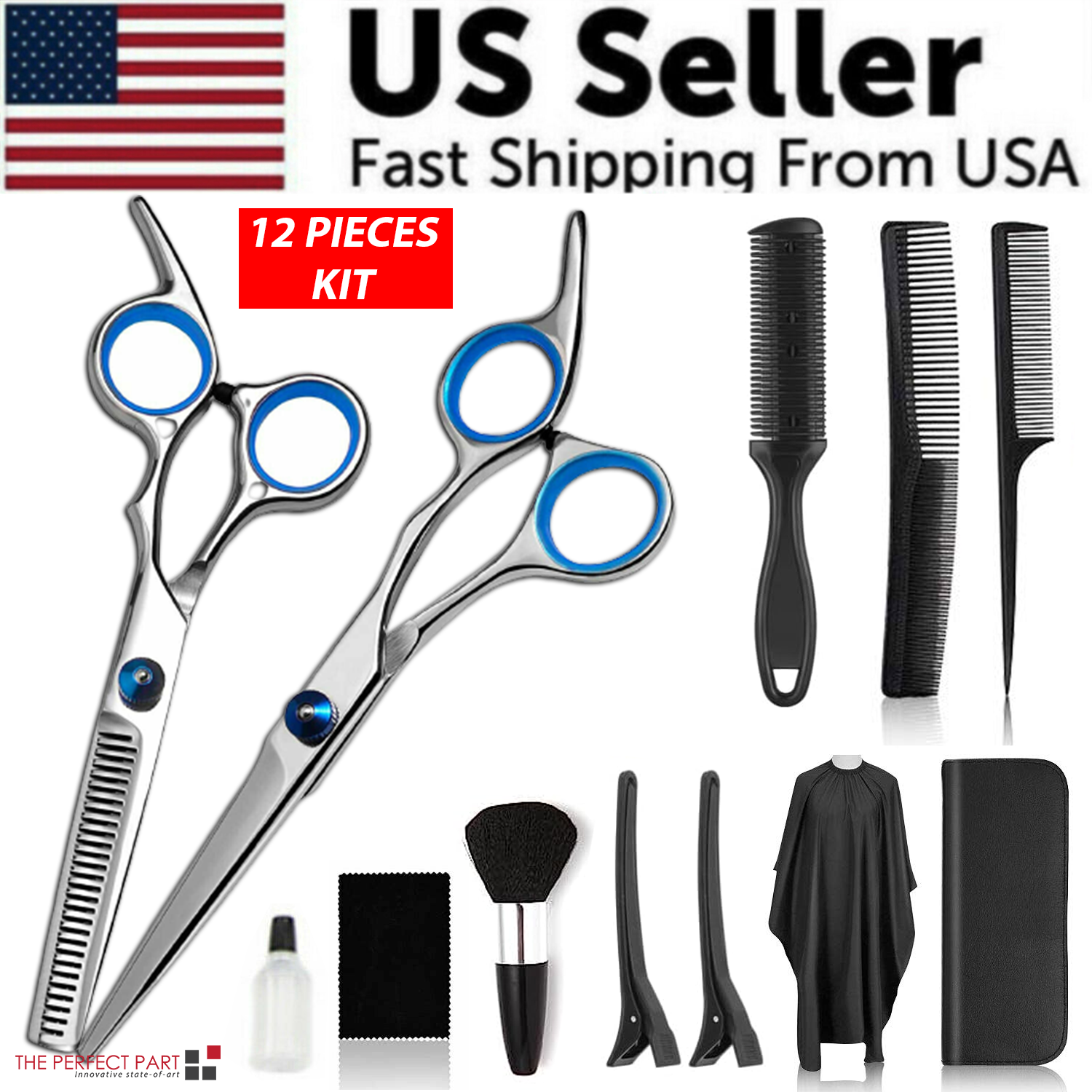 Professional Hair Cutting Thinning Scissors set including barber shears, hairdressing tools, and accessories in a sleek design.
