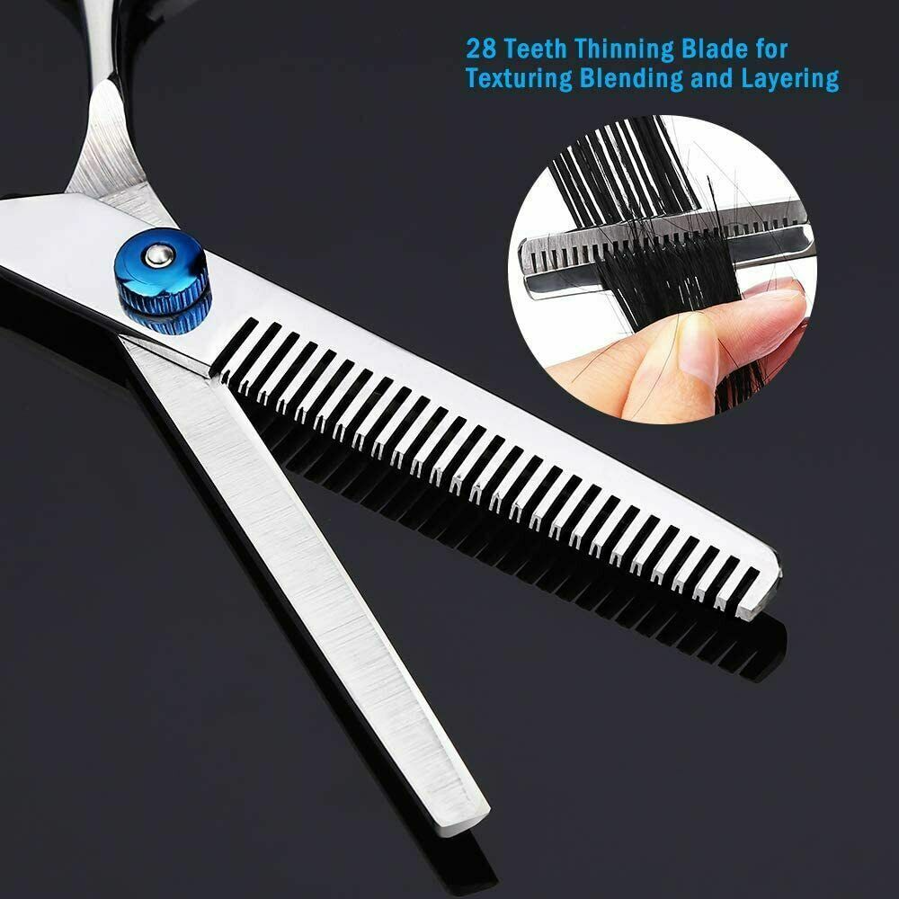 Professional Hair Cutting Thinning Scissors set including barber shears, hairdressing tools, and accessories in a sleek design.