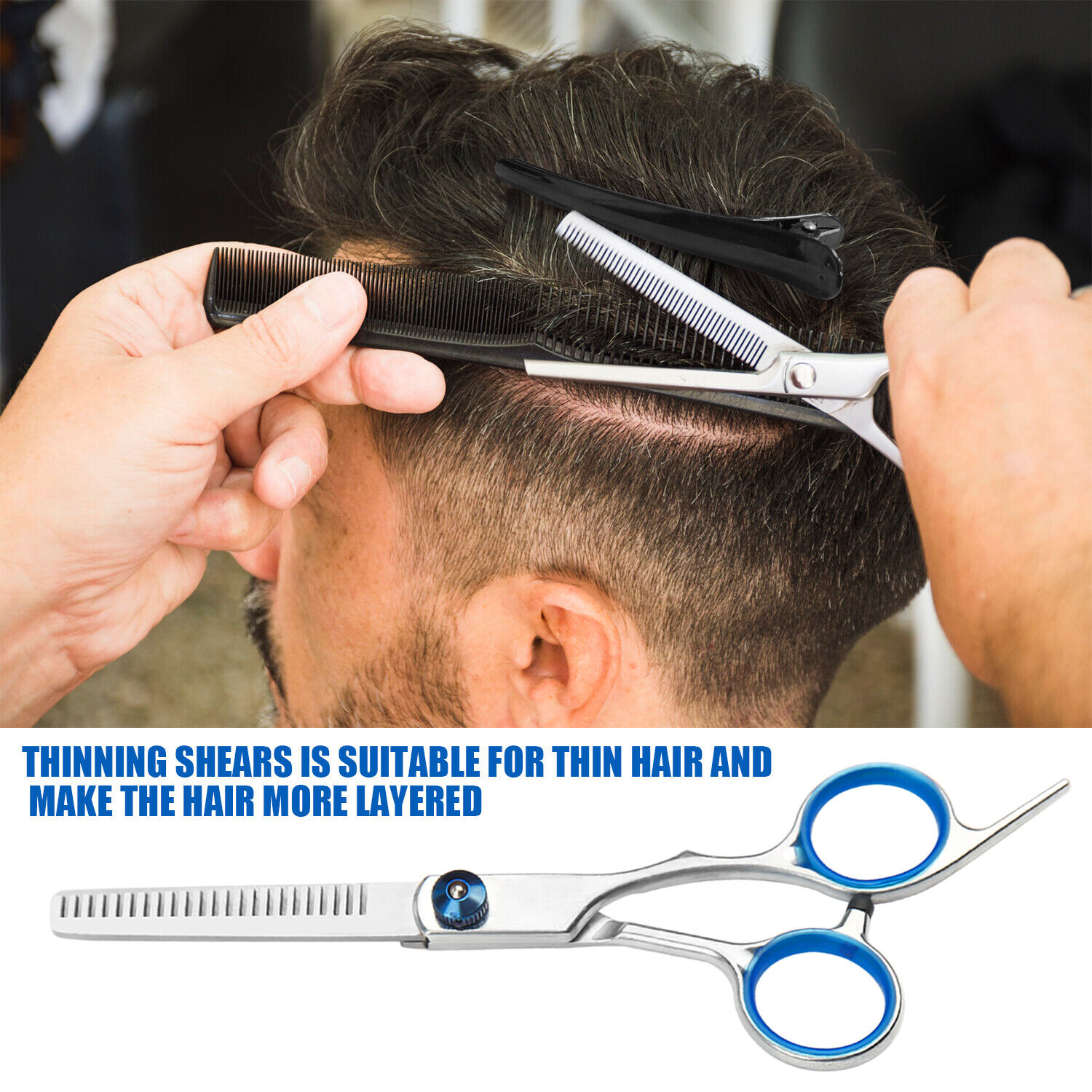 Professional Hair Cutting Thinning Scissors set including barber shears, hairdressing tools, and accessories in a sleek design.