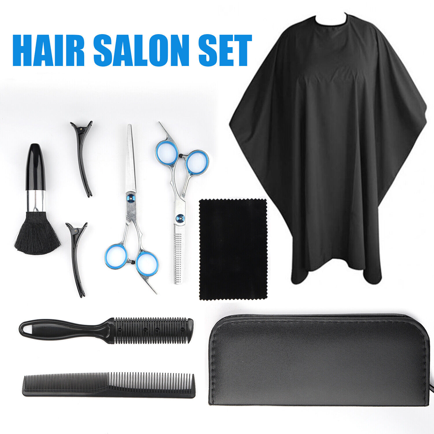Professional Hair Cutting Thinning Scissors set including barber shears, hairdressing tools, and accessories in a sleek design.