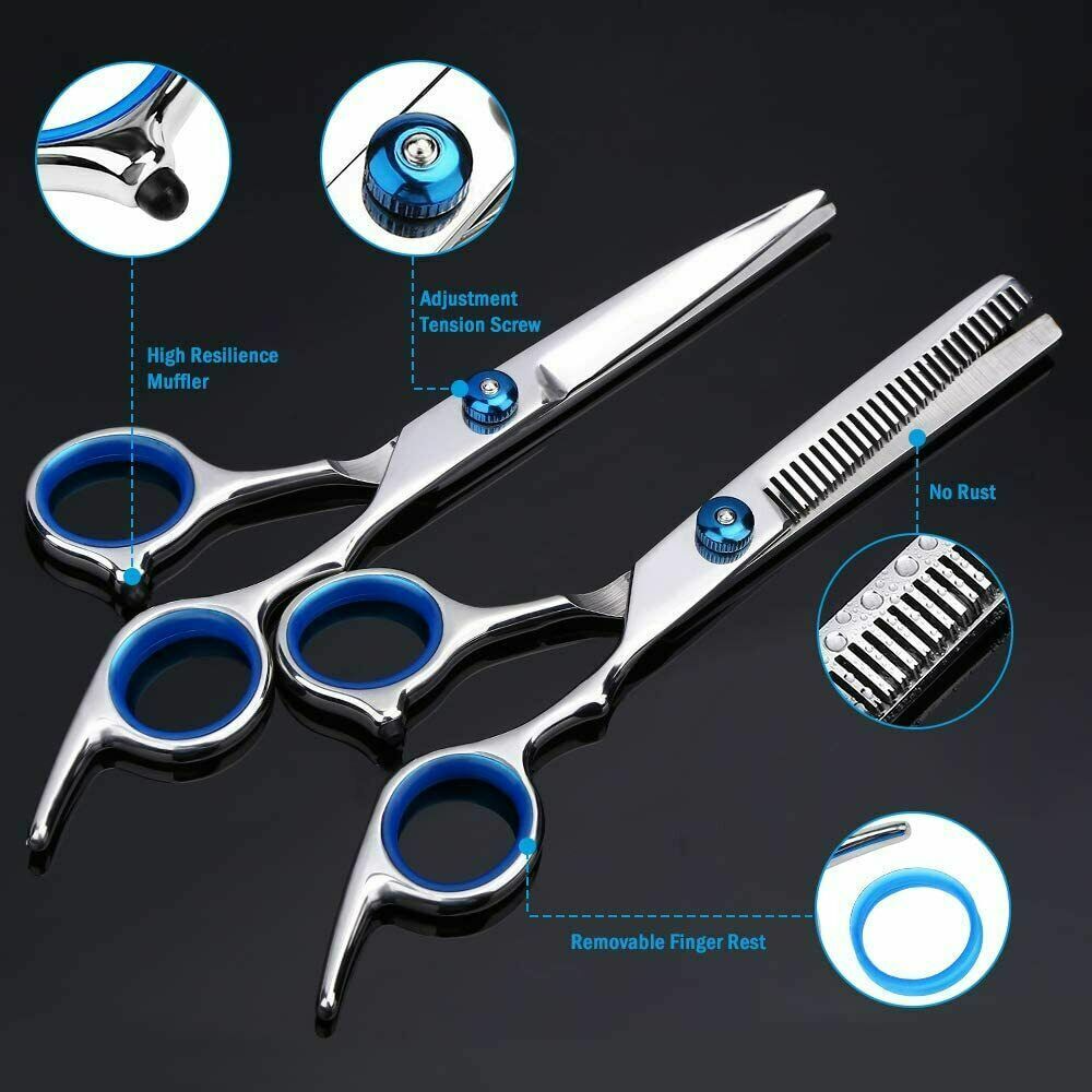 Professional Hair Cutting Thinning Scissors set including barber shears, hairdressing tools, and accessories in a sleek design.