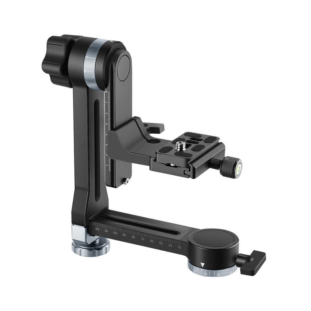 Professional Metal Gimbal Tripod Head with 360° panoramic rotation and 100mm movable horizontal axis, featuring an Arca-Swiss standard QR plate.