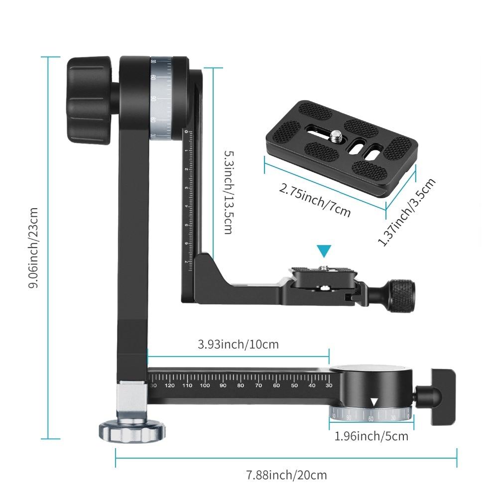 Professional Metal Gimbal Tripod Head with 360° panoramic rotation and 100mm movable horizontal axis, featuring an Arca-Swiss standard QR plate.