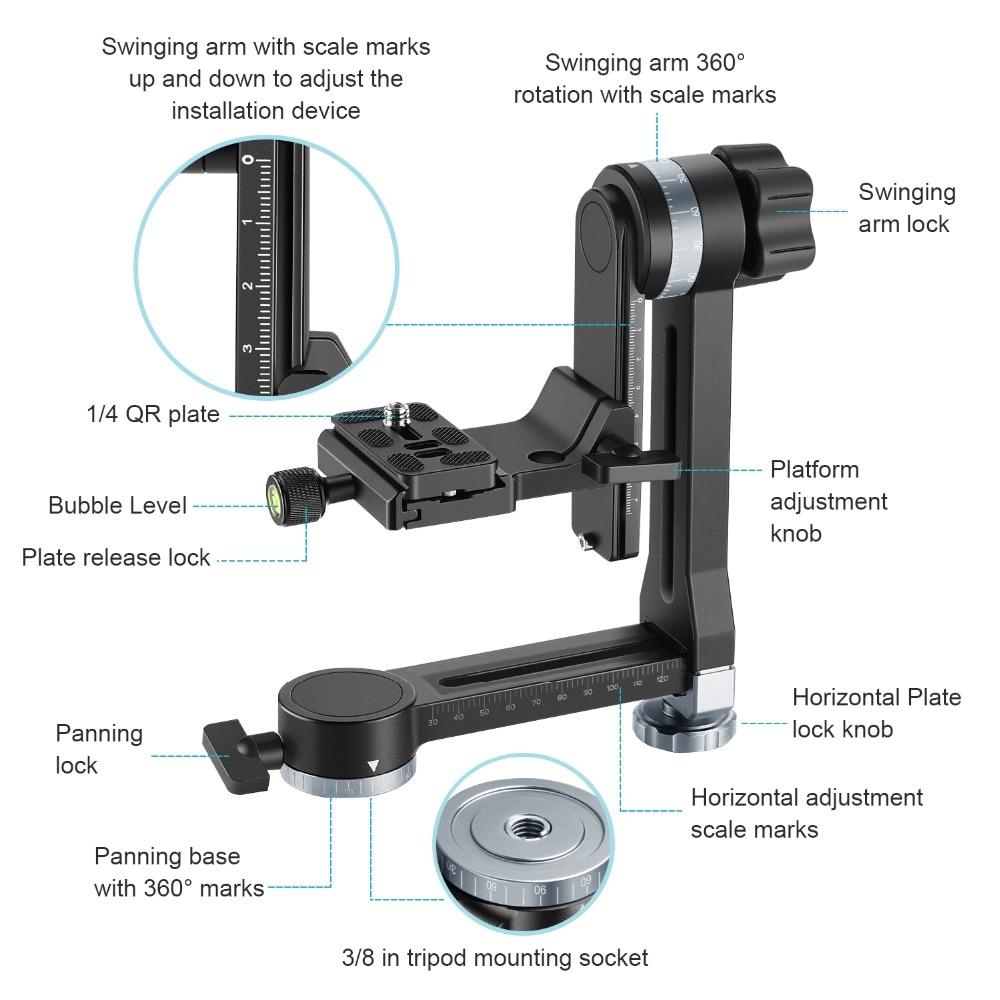 Professional Metal Gimbal Tripod Head with 360° panoramic rotation and 100mm movable horizontal axis, featuring an Arca-Swiss standard QR plate.