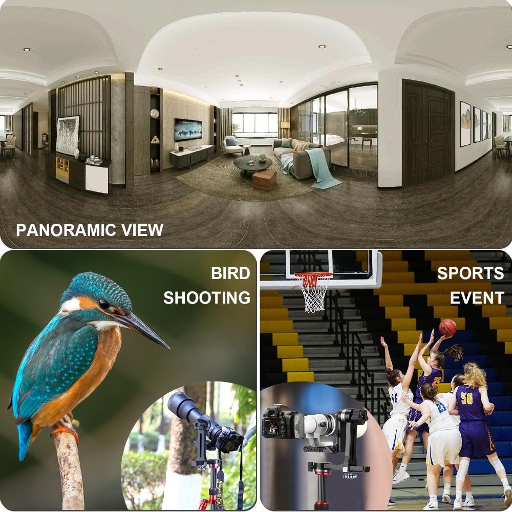 Professional Metal Gimbal Tripod Head with 360° panoramic rotation and 100mm movable horizontal axis, featuring an Arca-Swiss standard QR plate.