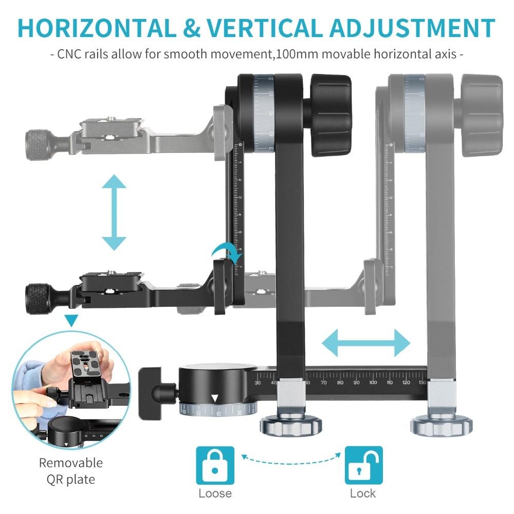 Professional Metal Gimbal Tripod Head with 360° panoramic rotation and 100mm movable horizontal axis, featuring an Arca-Swiss standard QR plate.