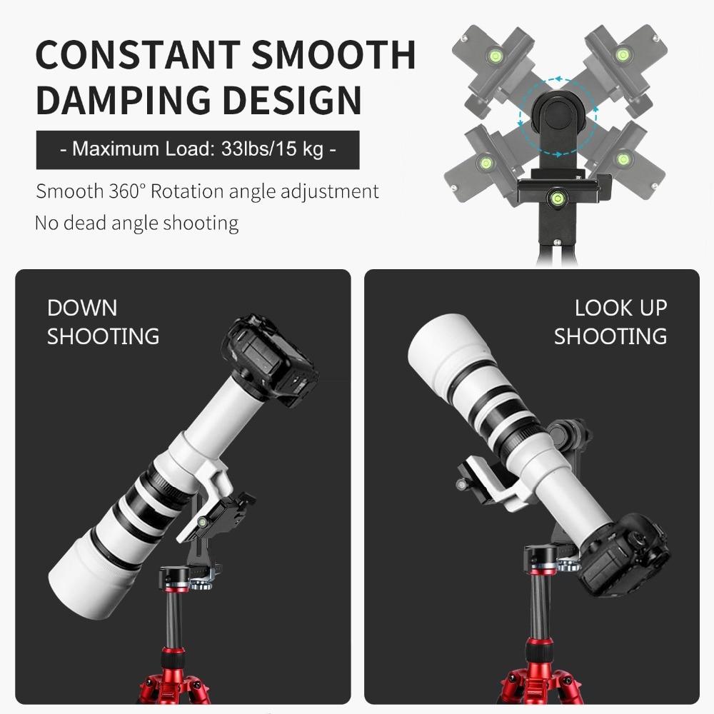 Professional Metal Gimbal Tripod Head with 360° panoramic rotation and 100mm movable horizontal axis, featuring an Arca-Swiss standard QR plate.