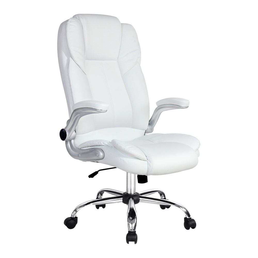 White PU Leather Executive Office Desk Chair with chrome base and padded armrests, designed for comfort and style in an office setting.