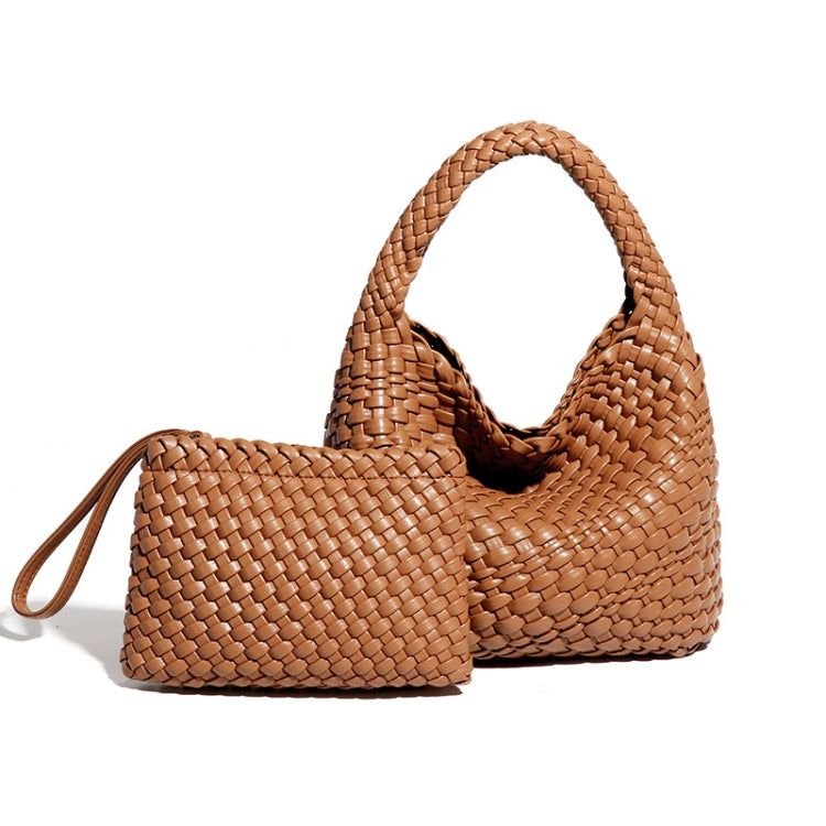 PU Leather Hand-woven Handbag featuring a braided design, adjustable strap, and stylish clutch.