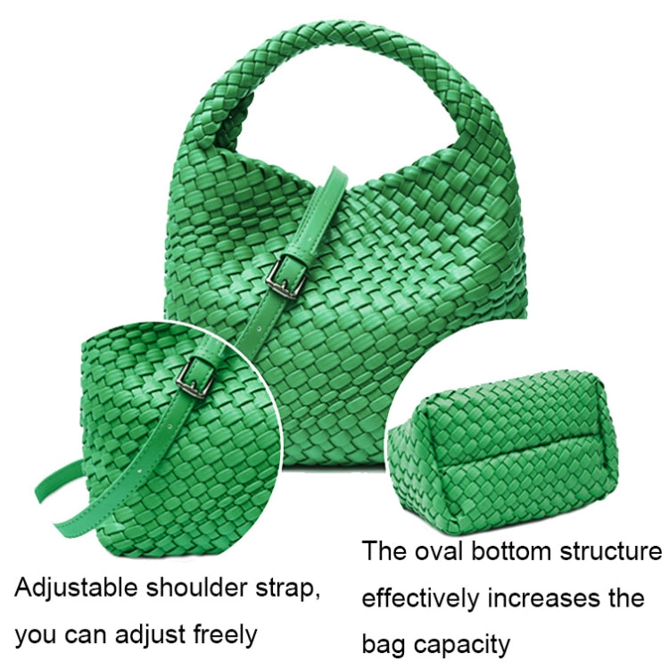 PU Leather Hand-woven Handbag featuring a braided design, adjustable strap, and stylish clutch.