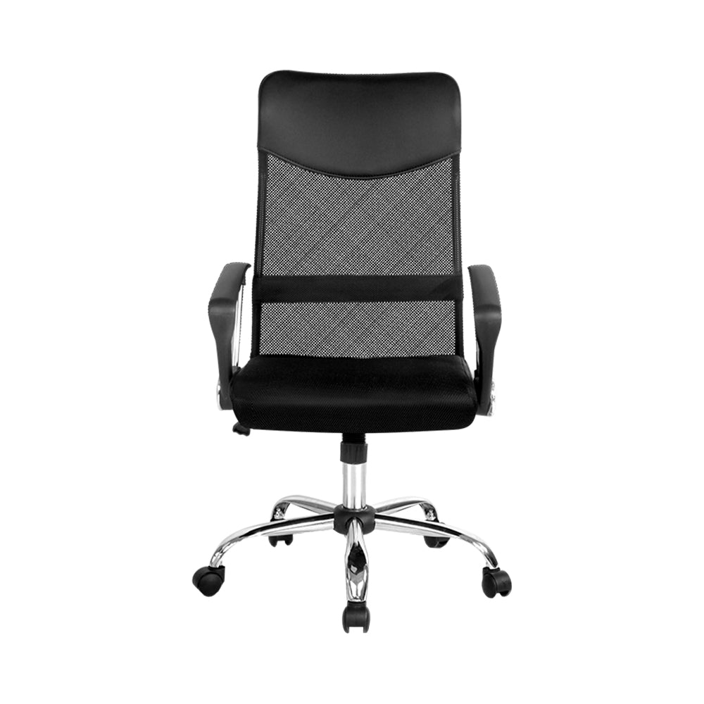 PU Leather Mesh High Back Office Chair in black with chrome base and padded headrest, designed for comfort and style in any office setting.