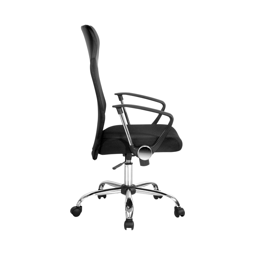 PU Leather Mesh High Back Office Chair in black with chrome base and padded headrest, designed for comfort and style in any office setting.