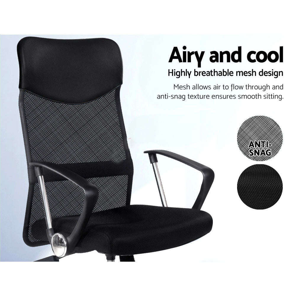 PU Leather Mesh High Back Office Chair in black with chrome base and padded headrest, designed for comfort and style in any office setting.