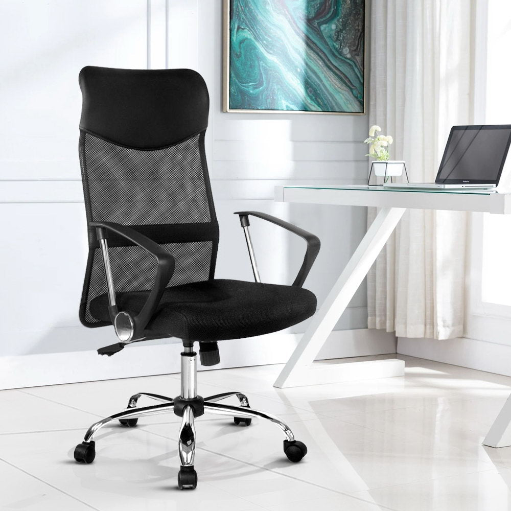PU Leather Mesh High Back Office Chair in black with chrome base and padded headrest, designed for comfort and style in any office setting.