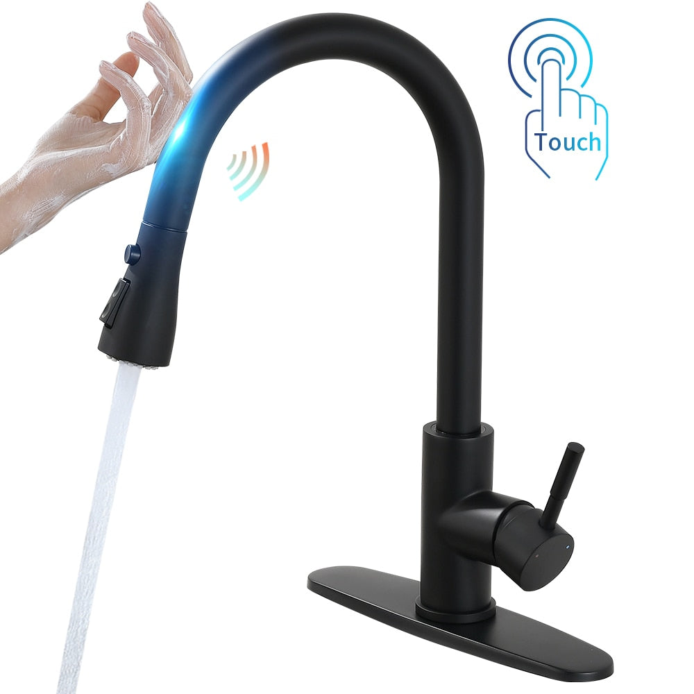 Pull Out Black Sensor Kitchen Faucet in stainless steel with touch control and pull-down spray head, showcasing modern design and functionality.