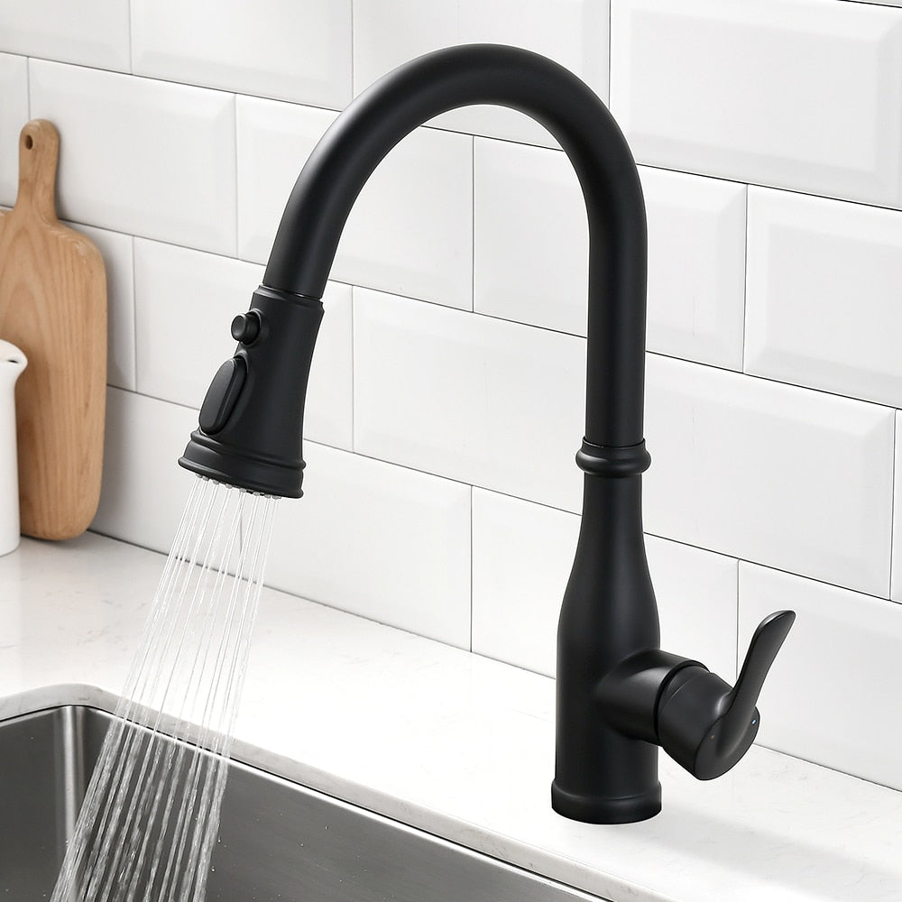 Matte black kitchen faucet spraying.
