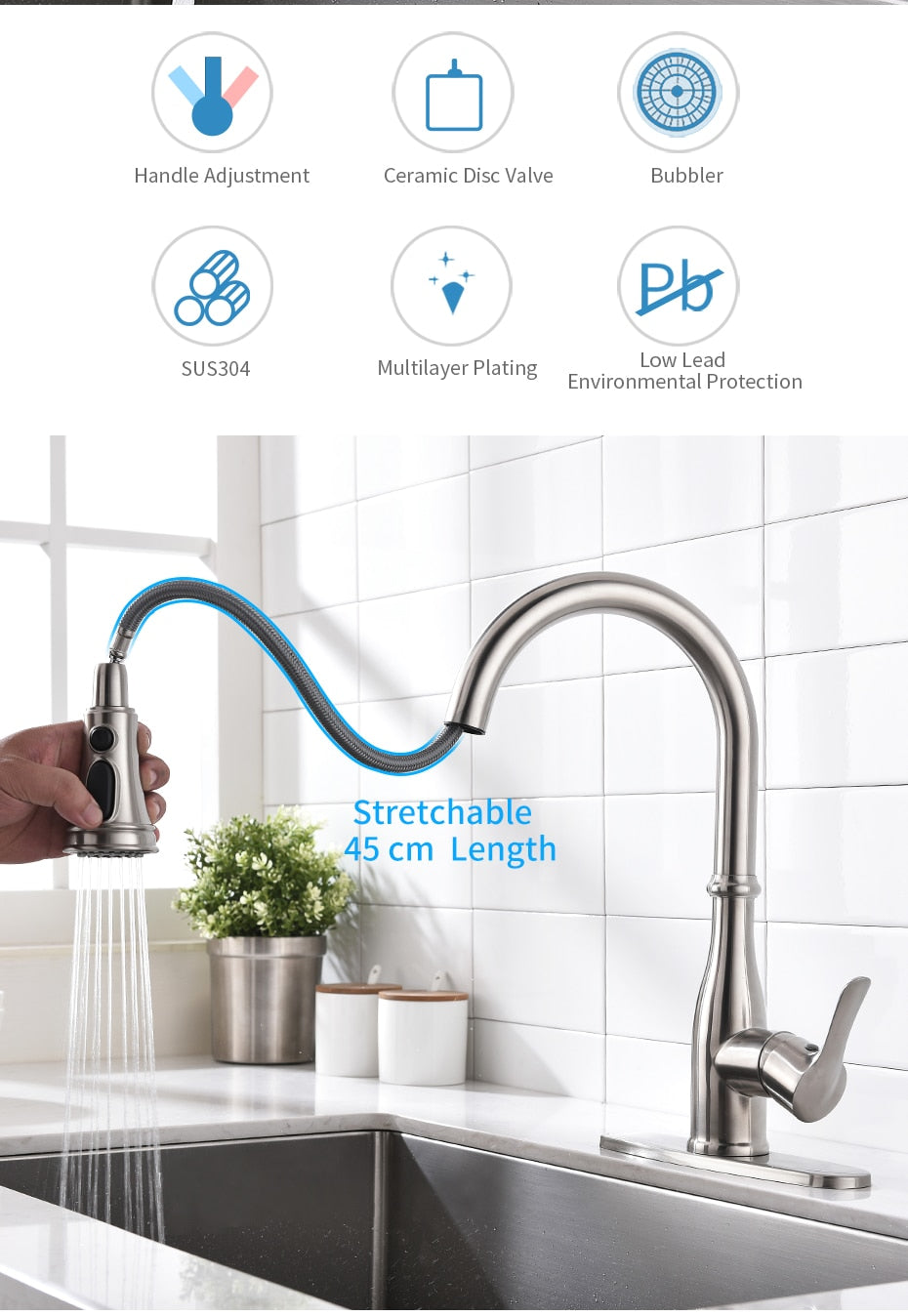 Stainless steel pull-out kitchen faucet.