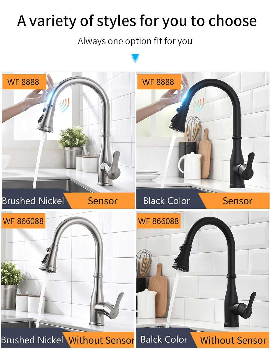 Kitchen faucets with different finishes.