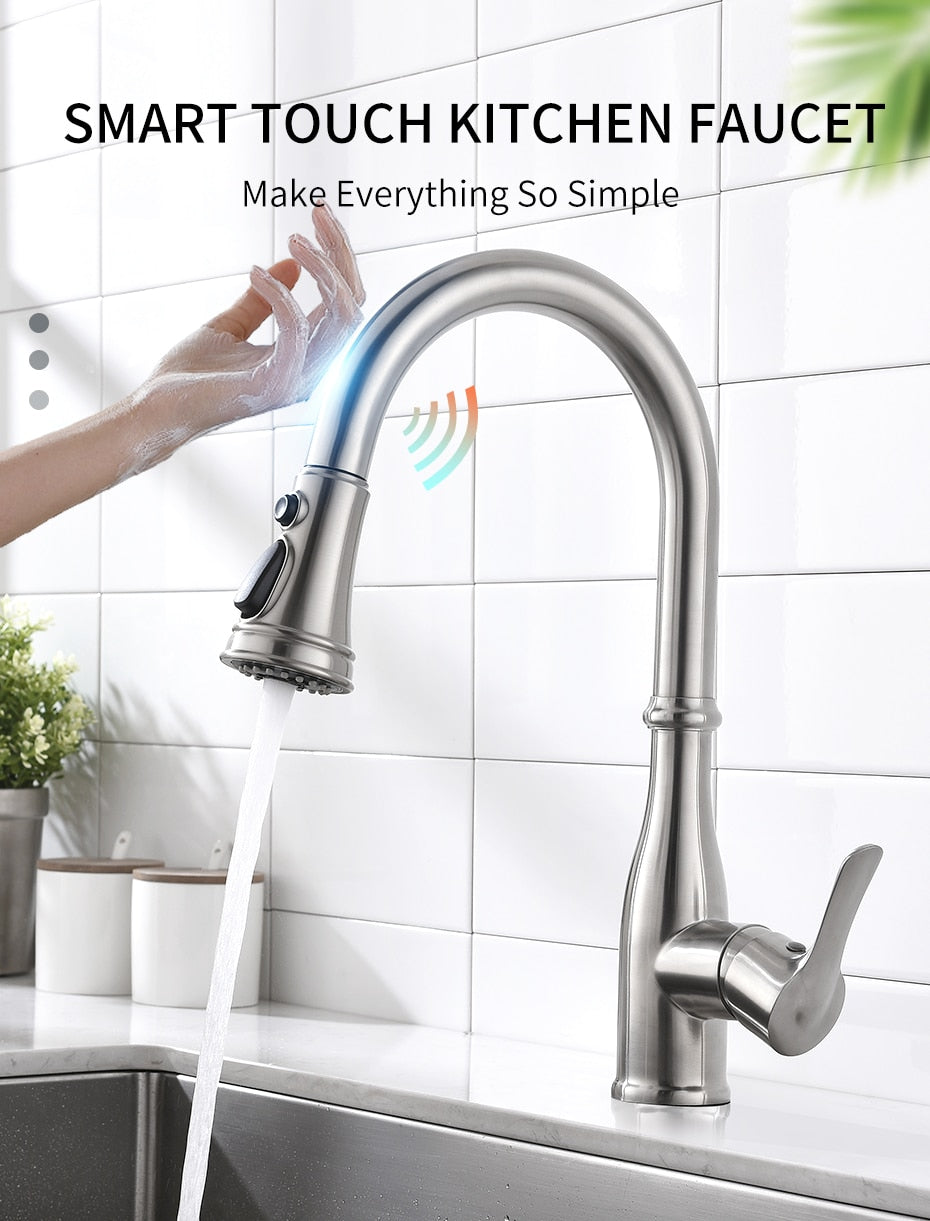 Touch-activated kitchen faucet on.