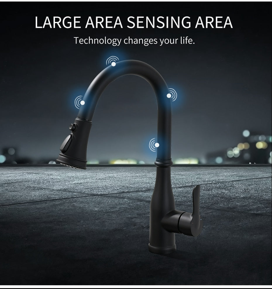 Touchless kitchen faucet with sensors.