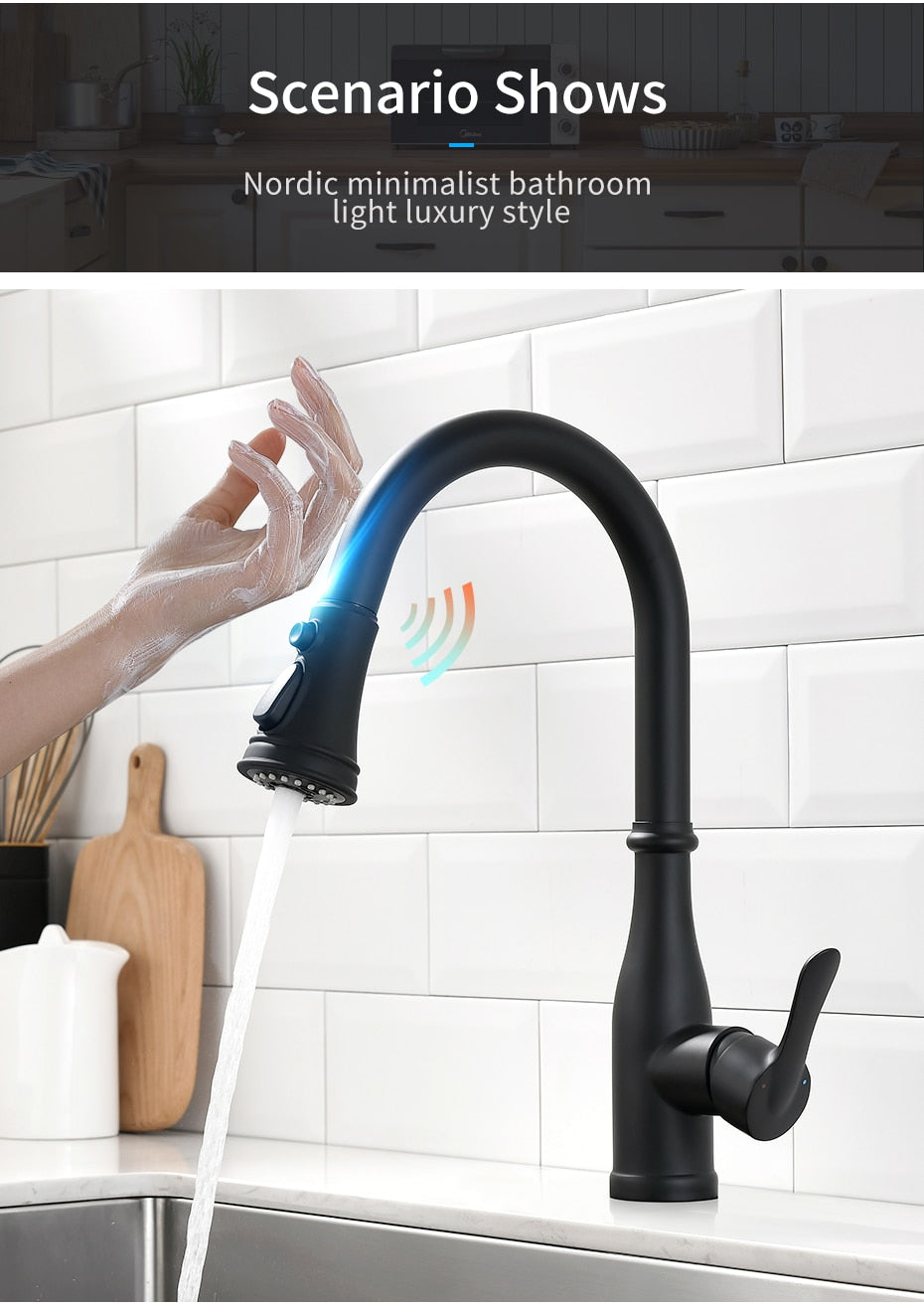 Touchless black faucet in kitchen.